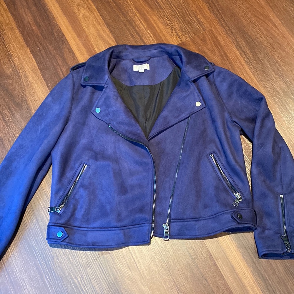 Loft navy suede motorcycle jacket with silver details, size 12